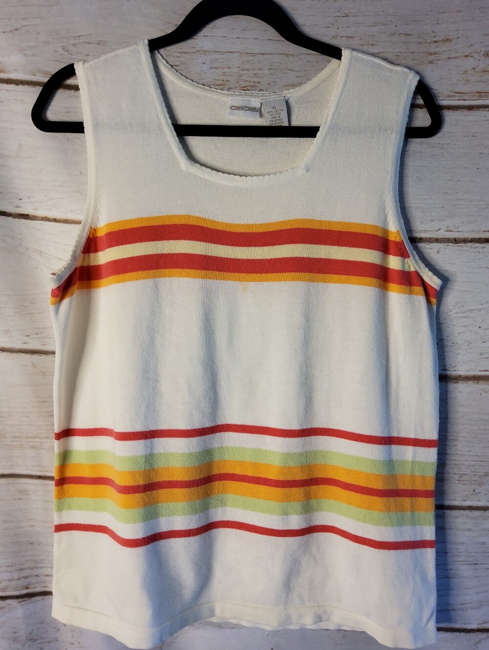 Cherokee White Sleeveless Knit Tank with Red, Yellow & Green Stripes
